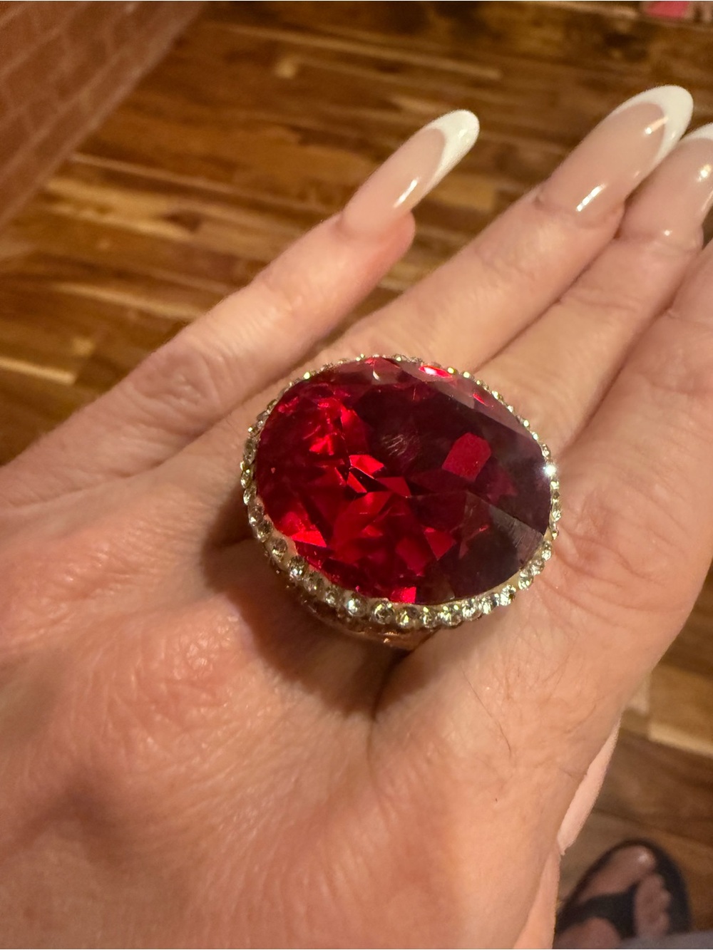 New Red Crystal Cocktail Ring with Diamond Accent Stones pave